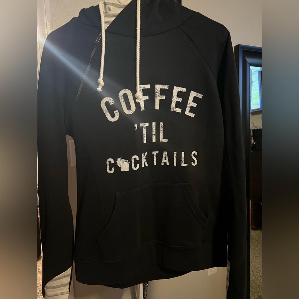 Double hooded sweatshirt with zipper detail and thumb holes!